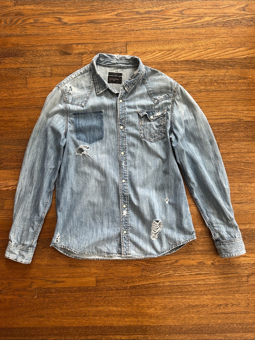 True Religion Men’s Distressed Light Blue Denim Shirt